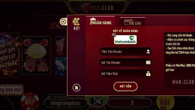 Thực hiện lệnh rút tiền chuẩn trên hệ thống cổng game